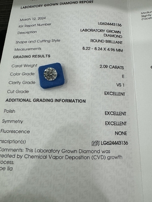 satın al 2.09CT E VS1 3EX Yuvarlak Kesilmiş CVD Büyümüş Elmas IGI Sertifikası LG624443136 online manufacture