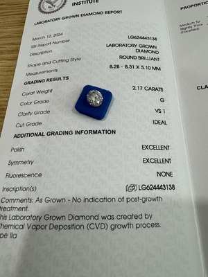 satın al 2.17CT G VS1 3EX CVD Laboratuvarı Yaratılmış Elmas Yuvarlak Kesim IGI Sertifikası LG624443138 online manufacture