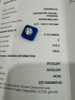 satın al 2.18CT E VVS1 ID EX CVD Sentetik Elmas Yuvarlak Parlak Kesim online manufacture