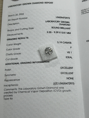 satın al 3.19CT F VS1 3EX Laboratuvarda yetiştirilen CVD Elmas Yuvarlak Kesim IGI Sertifikası LG626472973 online manufacture