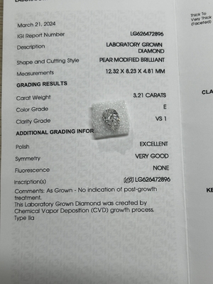 satın al 3.21CT E VS1 EX VG CVD Laboratuvar Büyümüş Elmas Pear Brillant Cut IGI Sertifikalı online manufacture