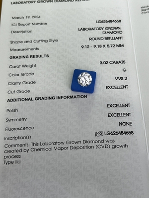 satın al 3.02ct CVD Laboratuvar Büyümüş Elmas Yuvarlak Kesim G VVS2 3EX N IGI Sertifikalı online manufacture