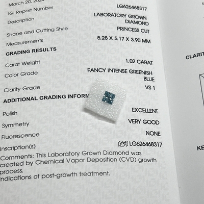 satın al 1.02CT Harika Yoğun Yeşil Mavi VS1 EX VG CVD Laboratuvar Büyümüş Elmas Prenses Kesim IGI Sertifikalı online manufacture