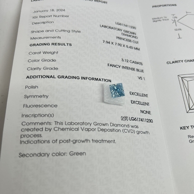 satın al 3.12CT Fancy Intense Blue Laboratuvar Yapımı Elmas VS1 2EX CVD Princess Cut online manufacture