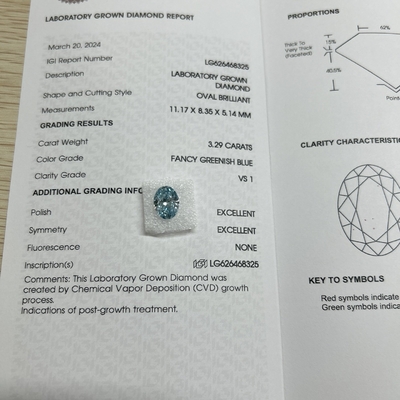 satın al 3.29ct Laboratuvarda yetişmiş elmas oval kesim CVD Şık yeşil mavi VS1 2EX N online manufacture