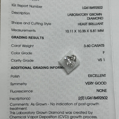satın al 3.6ct Laboratuvar Yapımı Elmas Kalp Brilliant Cut CVD F VS1 2EX N IGI LG618492502 online manufacture
