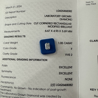 satın al HYF 2.06ct Laboratuvarda yetiştirilmiş Radiant Cut Elmas VVS2 Açıklık F Rengi online manufacture