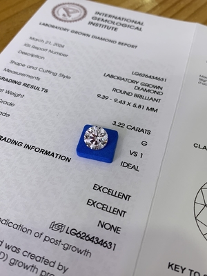 3.23CT G VS1 3EX CVD Laboratuvarı Yaratılmış Elmaslar IGI Sertifikası LG626434631