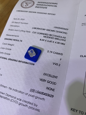 2.19ct Laboratuvar Elmas Radiant Cut CVD F VVS2 EX VG N IGI LG630433629
