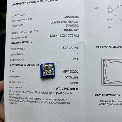8.93CT H Renk VS2 Açıklık 2EX CVD Laboratuvar Yetişkin Prenses Kesim Elmas