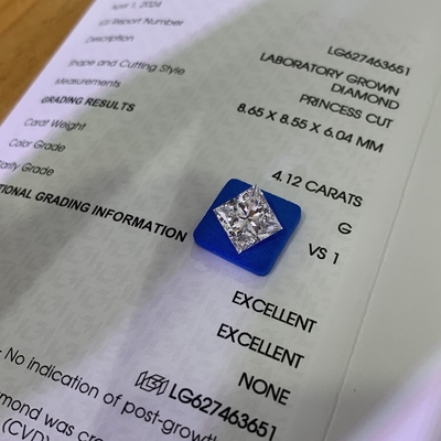 4.12CT G VS1 2EX CVD Laboratuvarı Mücevher yapımı için prenses kesimi elmas yaratıldı