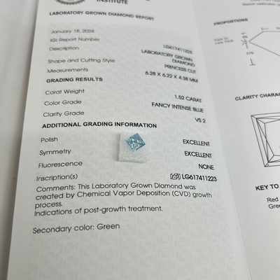 1.52CT Fancy Intense Blue VS2 2EX CVD Laboratuvar Büyümüş Elmas Prenses Şekli OEM ODM