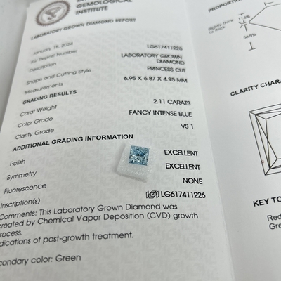 2.11CT Şık Yoğun Mavi VS1 2EX CVD Laboratuvar Büyümüş Elmas Prenses Kesim