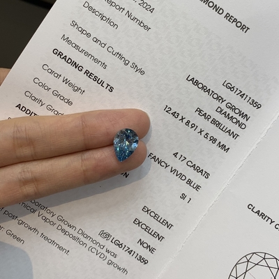 Fancy VIVID BLUE Pear Cut Laboratuvar yetiştirilmiş elmaslar 4.17 Karat SI1 OEM ODM
