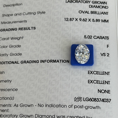 5.02ct VS2 F Yapay elmaslar Laboratuvar yetiştirilmiş elmaslar Oval kesim