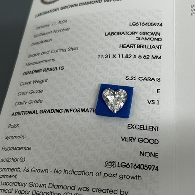 5.23ct Büyümüş Parlaklık Elmaslar Kalp Kesim CVD E Renk VS1 Açıklık 2EX N IGI