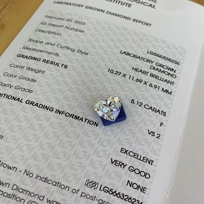 5.12ct Kalp Laboratuvarı Büyümüş Elmaslar CVD F VS2 2EX N IGI LG566326236