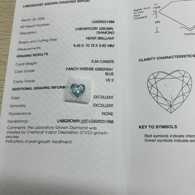 3.26ct CVD Kalp şeklindeki laboratuvar Elmas Şık Yoğun Yeşileşmiş Mavi VS2 2EX N