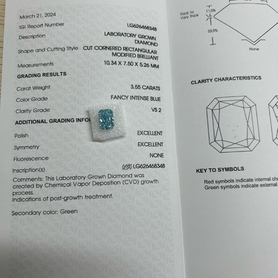 3.55ct VS2 Sentetik Mavi Elmas Laboratuvarda yetiştirilmiş Elmaslar HPHT Şık Canlı Mavi