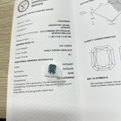 VS1 6.47ct Laboratuvar Yapımı Mavi Elmaslar Parlak Şekil HPHT Laboratuvar Elmasları Şık Yoğun Mavi