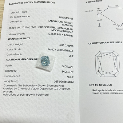 VS2 Laboratuvarda yetiştirilen elmaslar Parlak kesim Mavi Nuans Laboratuvar Elmas 5.03 Karat