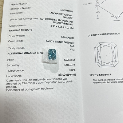 Laboratuvarda yetiştirilmiş Radiant Cut Elmas Laboratuvarda yaratılmış Şık Yoğun Yeşileşmiş Mavi 5.9ct VS2