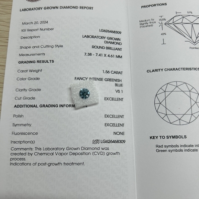 1.56ct Şık Yoğun Yeşil Mavi Laboratuvar Büyümüş Elmas Yuvarlak Kesim CVD FVS1 3EX N IGI